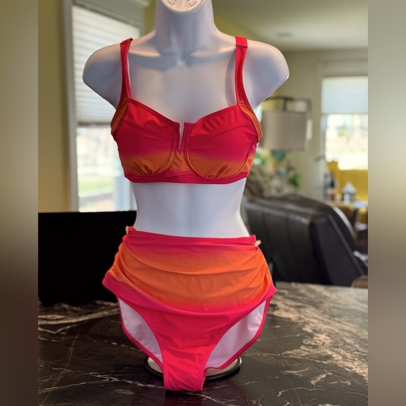 Vibrant Pink and Orange Highrise Bikini Set - Picture 1 of 13